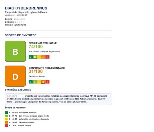 Rapport de diagnostic avec des scores techniques et de performance, notés B et D.